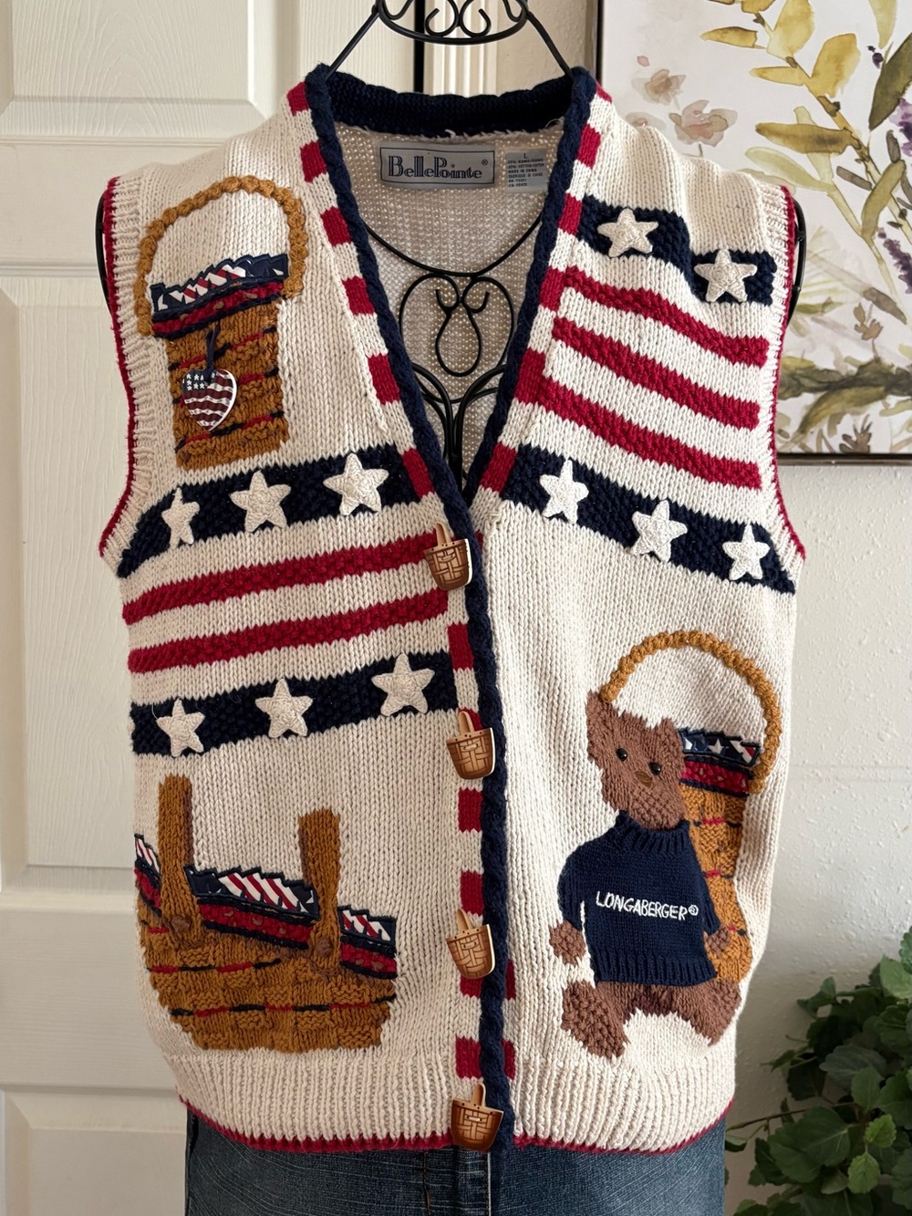Bellepointe Americana Bear Knit Vest - Cream with Red & Navy